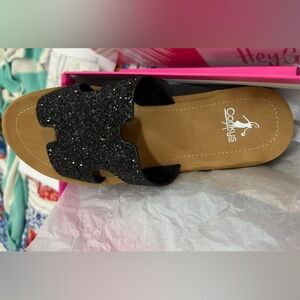 Corkys Black Glitter Slide Sandals